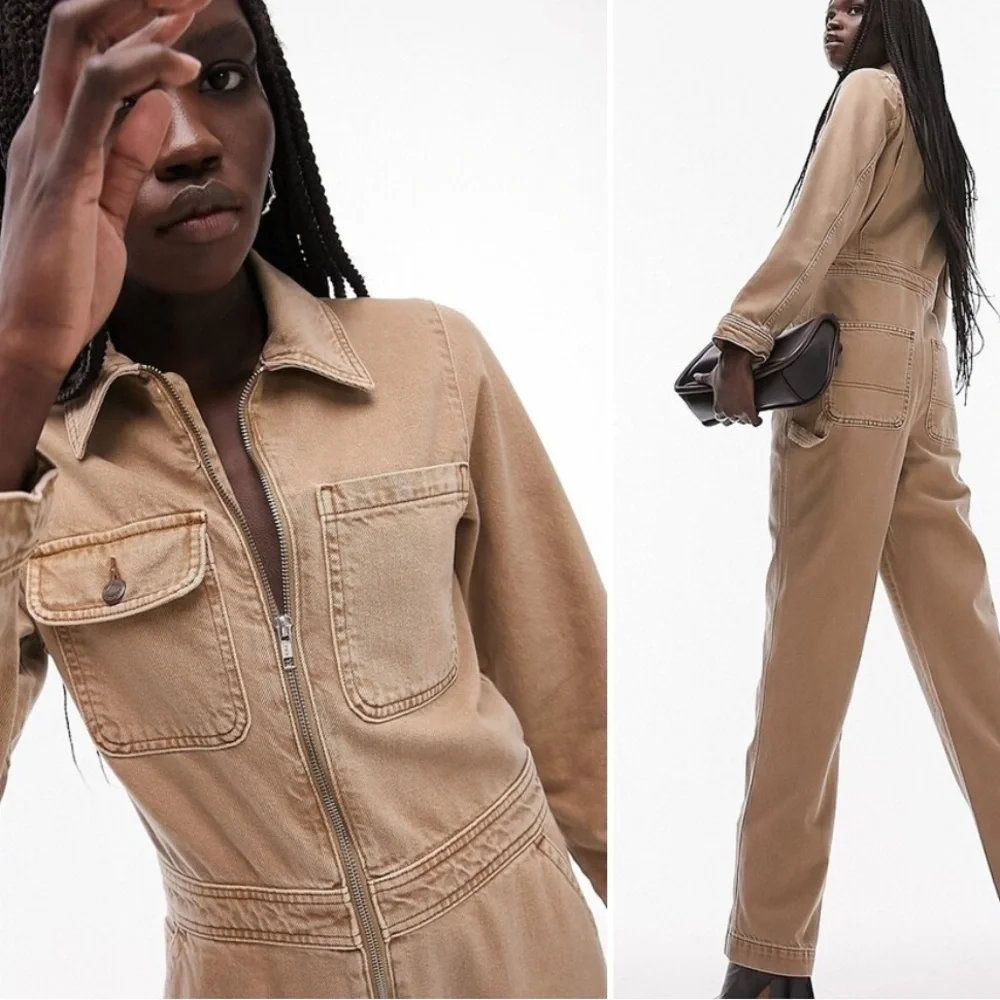 TOPSHOP - ⚠️Long Sleeve,Non-stretch, Tan Denim Boilersuit - Women’s Size 12 - Picture 5 of 6